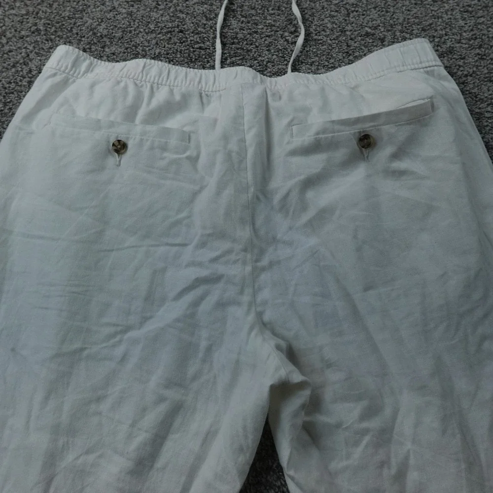 H&M Pants Mens XL White Linen Flat Front Drawstring Elastic Waist Chino Trouser